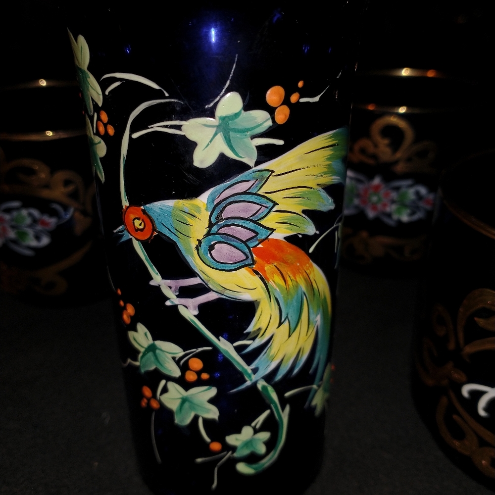 4 COBALT BLUE HAND PAINTED GLASS AND VASE